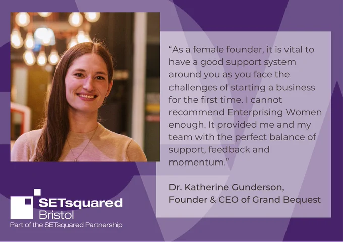 “As a female founder, it is vital to have a good support system around you as you face the challenges of starting a business for the first time. I cannot recommend Enterprising Women  enough. It provided me and my team with the perfect balance of support, feedback and momentum.” 

Dr. Katherine Gunderson, Founder & CEO of Grand Bequest