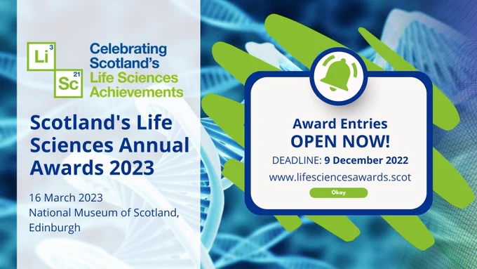 Bright blue DNA image as background. White box with text reminder the deadline to enter Scotland's Life Sciences Awards is only one week away. Also description, how to enter via the website www.lifesciencesawards.scot. Deadline 9 December for entries is also listed in the graphic.