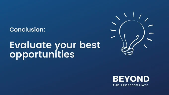 An image advertising Beyond the Professoriate's "Conclusion: Evaluate Your Best Opportunities" class. It contains Beyond the Professoriate's logo and an illustration of an illuminated lightbulb.