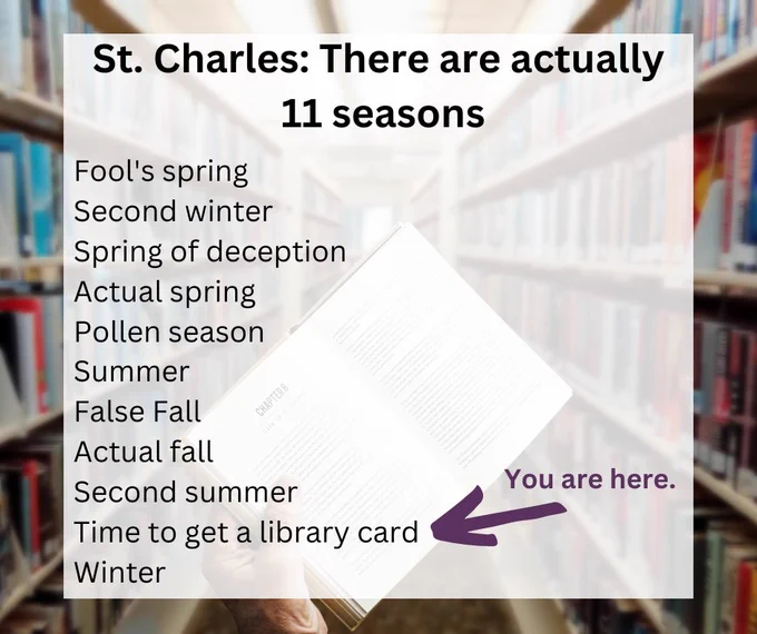 Fool's spring
Second winter
Spring of deception
Actual spring
Pollen season
Summer
False Fall
Actual fall
Second summer
Time to get a library card (you are here)
Winter