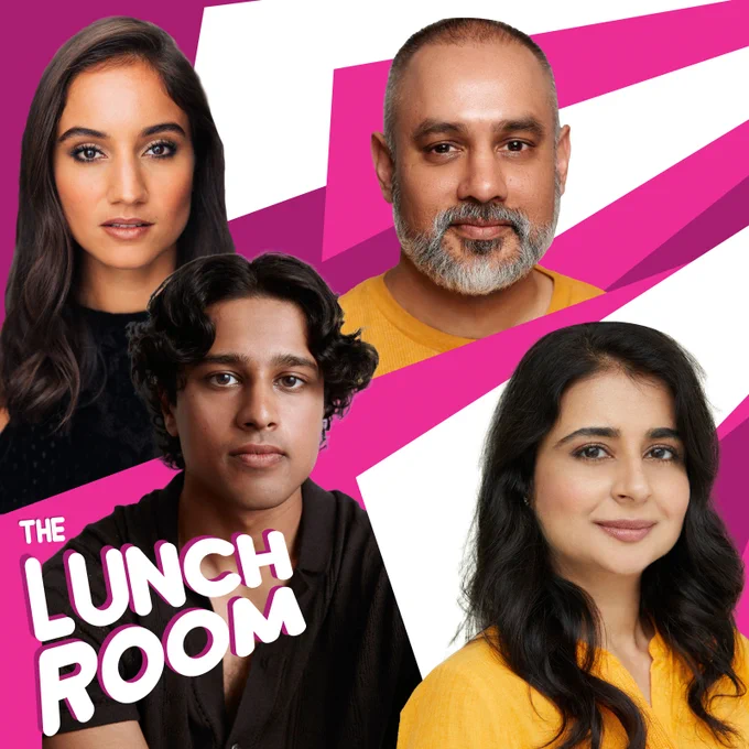 Headshot photos of Sonya Venugopal, Rajesh Bose, Adi Dixit, and Mahira Kakkar on a geometric pink and white background with text that reads: "The Lunch Room" 