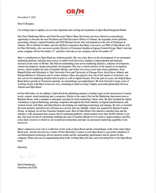 A letter congratulating Open Road Media on the hire of Pete McCarthy, and the trails ahead for departing CMO Mary McAveney.