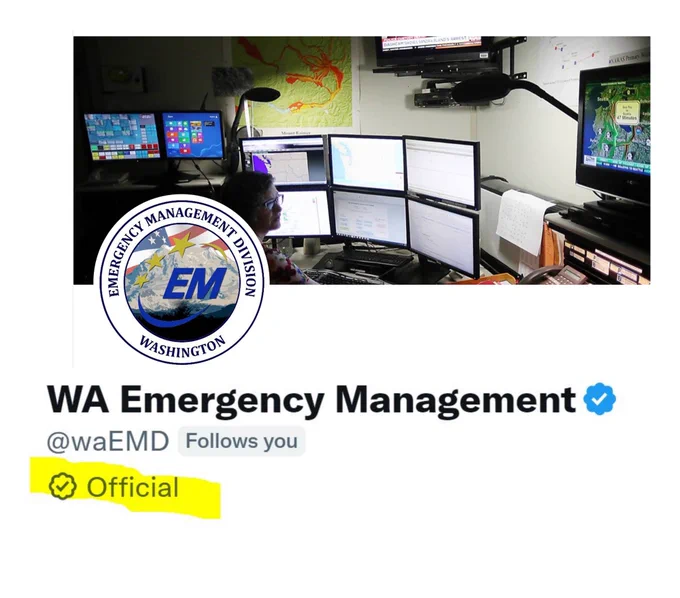 logo for washington emergency management with an official designation and a blue checkmark. This is from the Twitter profile.