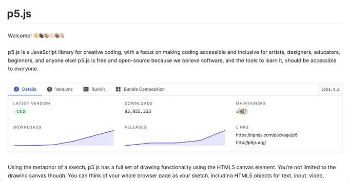 A screenshot of the p5.js README, with an interactive chart embedded in the README