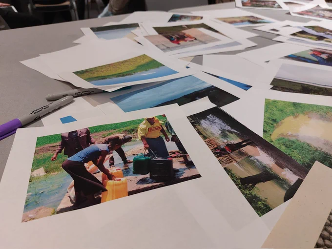 A collection of photos featuring different uses and forms of water, including people collecting water, and rivers and lakes.
