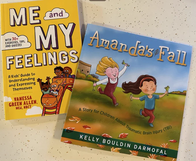 Image of two books set next to one another. From left to right they are: Me and My Feelings: A Kids' Guide to Understanding and Expressing Themselves, and Amanda's Fall.