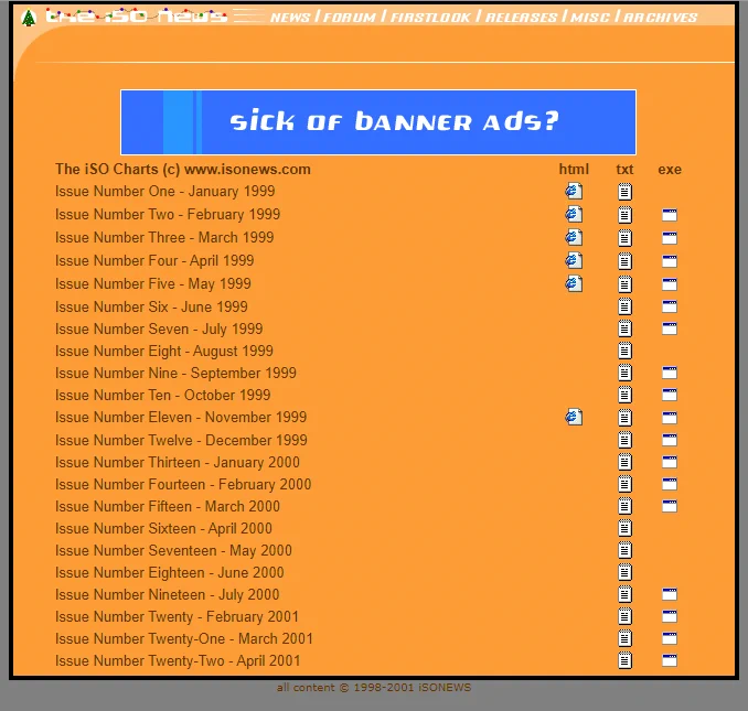 The iSO Charts (c) www.isonews.com
Issue Number One - January 1999
...
Issue Number Twenty-Two - April 2001