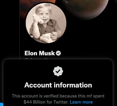 mock screenshot of elon musk verified check explanation: "This account is verified because this mf spent $44 Billion for twitter."