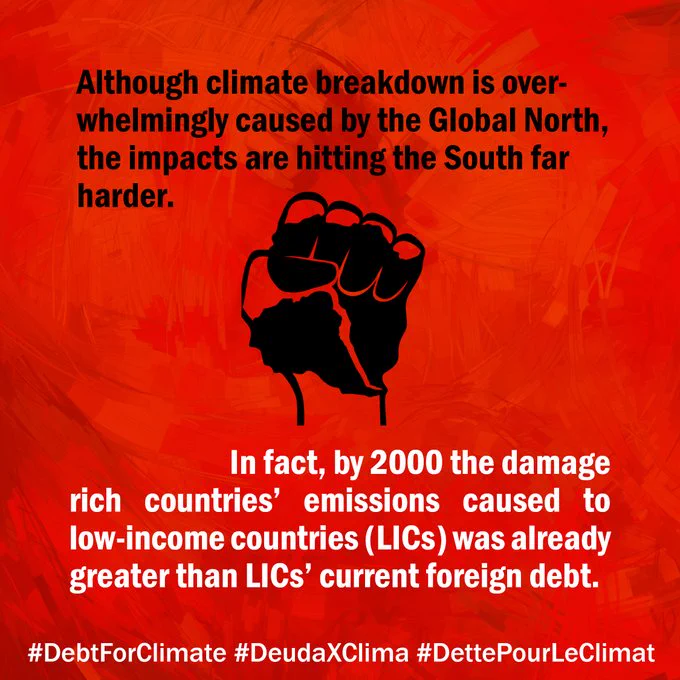 Although climate breakdown is overwhelmingly caused by the Global North, the impacts are hitting the #South far harder.

In fact, by 2000 the damage rich countries’ #emissions caused to low-income countries (LICs) was already greater than LICs’ current foreign #debt.

#DebtForClimate #DeudaXClima #DettePourLeClimat
