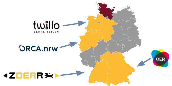 Deutschlandkarte mit OER-Plattformen von Niedersachsen (twillo), NRW (ORCA.nrw), BaWü (ZOERR) und Bayern.