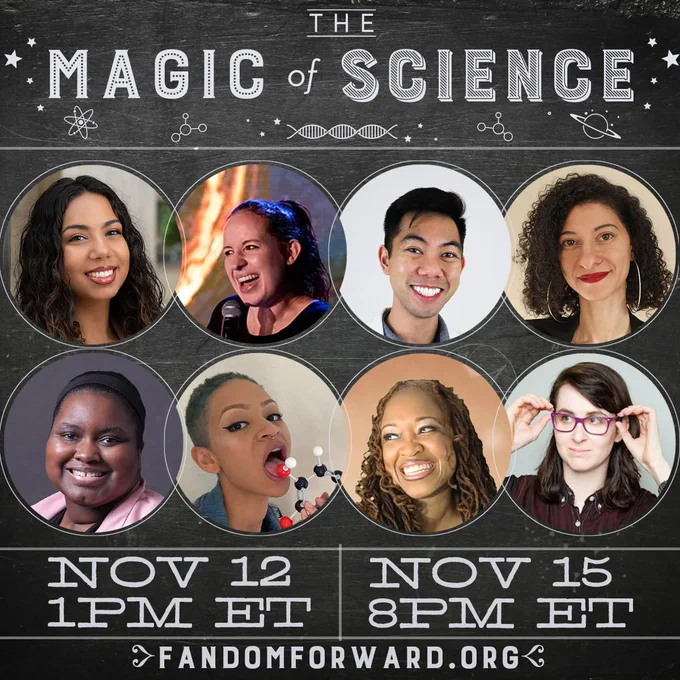 A graphic that says "The Magic of Science" and features headshots of the eight panelists joining us for our events!