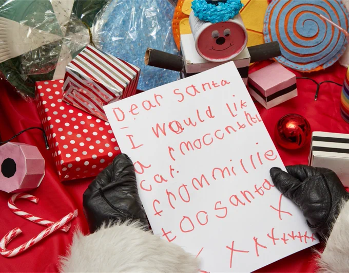 Santa reading a letter from a child surrounded by Christmassy and liquorice-inspired decorations