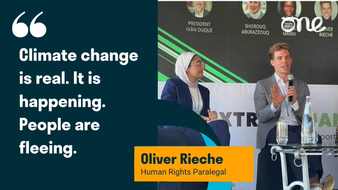 Oliver Rieche on stage at COP27. Over the left of the image is a quote which reads, 'Climate change is real. It is happening. People are fleeing.'
