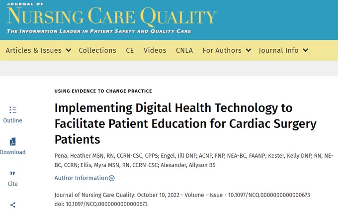 Implementing Digital Health Technology to Facilitate Patient Education for Cardiac Surgery Patients by Pena, Heather; Engel, Jill; Kester, Kelly; Ellis, Myra; Alexander, Allyson