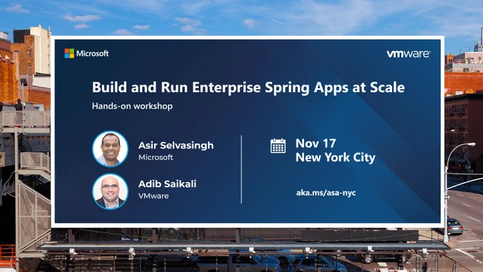 Text reads "Build and Run Enterprise Spring Apps at Scale. November 17. New York City."