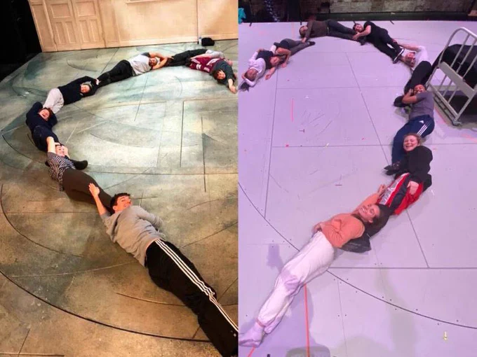 The casts of Life of Pi West End (left) and Life of Pi A.R.T. (right) lying on the floor across two side-by-side photos, making a heart formation with their bodies.