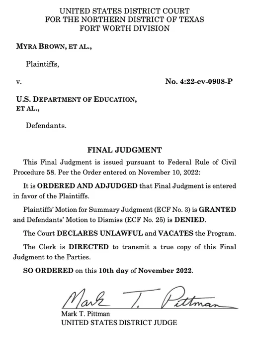 FINAL JUDGMENT
This Final Judgment is issued pursuant to Federal Rule of Civil
Procedure 58. Per the Order entered on November 10, 2022:
It is ORDERED AND ADJUDGED that Final Judgment is entered
in favor of the Plaintiffs.
Plaintiffs’ Motion for Summary Judgment (ECF No. 3) is GRANTED
and Defendants’ Motion to Dismiss (ECF No. 25) is DENIED.
The Court DECLARES UNLAWFUL and VACATES the Program.
The Clerk is DIRECTED to transmit a true copy of this Final
Judgment to the Parties.
SO ORDERED on this 10th day of November 2022. 