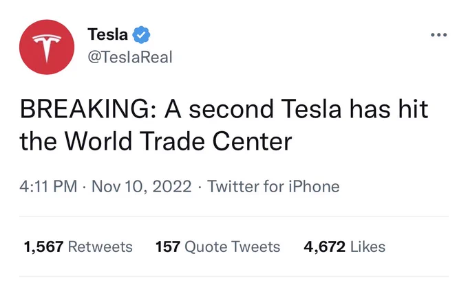 A Twitter Blue checkmark account called “Tesla” tweets: “BREAKING: A second Tesla has hit the World Trade Center.”