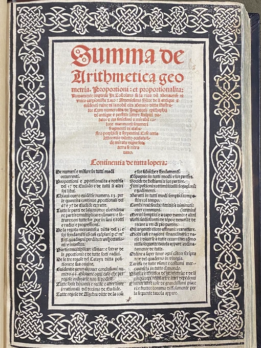 Title page of Pacioli's 1523 book on arithmetic, geometry & more (with red and black lettering in central area surrounded by black and white ornamental border)