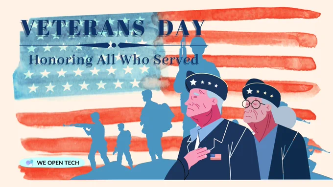 Veterans Day. Honoring All Who Served. Image of veterans. We Open Tech logo.