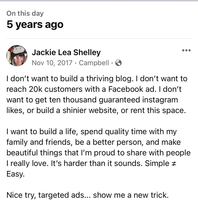 Screenshot of Facebook post from 5 years ago reminding self to build a life
