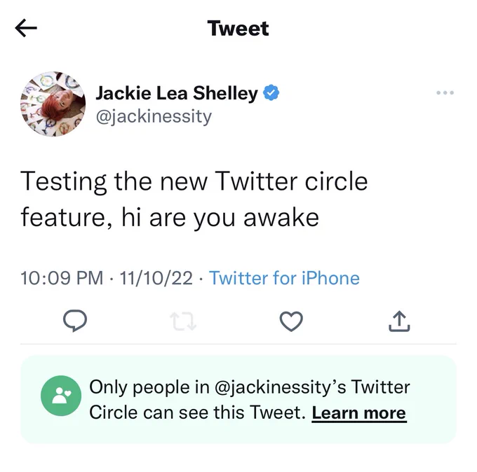 Screenshot of tweet hi are you awake to Jackie’s Twitter circle