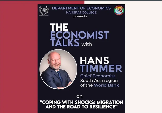 Hans Timmer is speaking today at Department of Economics, Hansraj College. 
The Economist Talks with Hans Timmer Chief Economist South Asian region of the World Bank on “Coping With Shocks: Migration And The Road to Resilience”.
Date:- 11th November,22
Time:- 12:30 pm
Venue:- Library Auditorium
Know more: http://wrld.bg/nfJH50LALp7