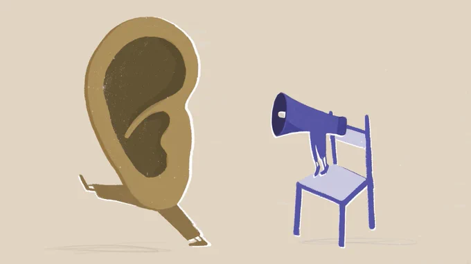 The background is beige, and underneath the title there is a purple image of a chair, with a figure of a child standing on the chair holding a large speaker, and only the child's legs can be seen behind the large speaker. Next to the child there is a large ear with legs, walking away from the child.⁠
