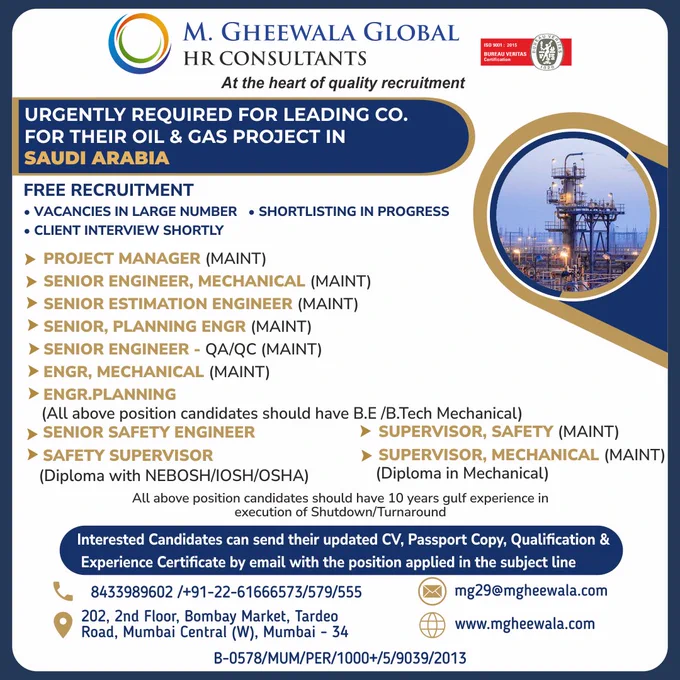 #engineer #projectmanager #seniorengineer #mechanicalengineer #planningengineer #planningengineer #safetyengineer #safetysupervisor #mechanicalsupervisor #maintenanceproject #jobsinsaudi #saudijob #recruitment #manpower #mgheewala #mgheewalajobs