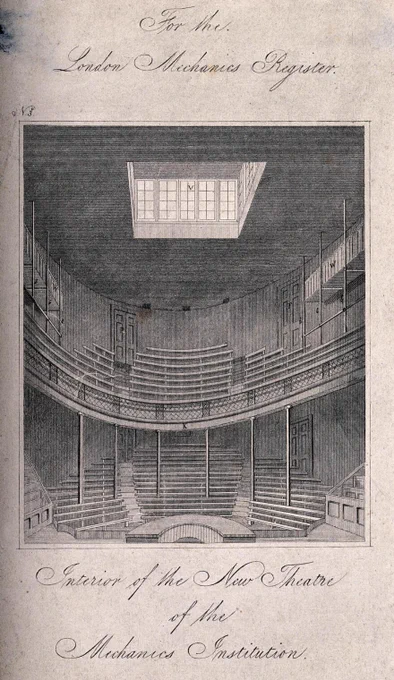 Interior for the New Theatre of the Mechanics Institution, Southampton Buildings, Holborn, 1825 (Wellcome Collection)