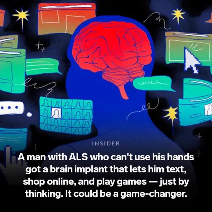 An illustrated graphic showing a person being able to communicate via their enlightened brain with the headline: “A man with ALS who can't use his hands got a brain implant that lets him text, shop online, and play games — just by thinking. It could be a game-changer.”