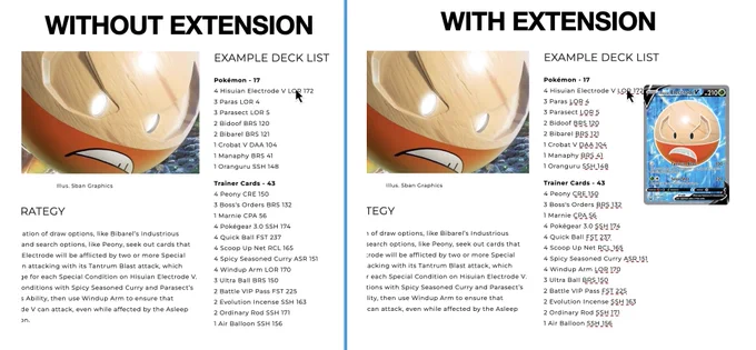 Two screenshots from the same blog post. On the left, under heading "Without extension" showing a straight text deck list for Pokemon TCG deck. On the right, under heading "With extension", showing the same list plus a Hisuian Electrode V card next to the list.