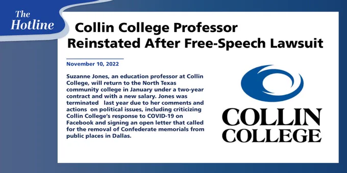 Preview of an article from Texas A-F-T's Hotline newsletter published on November 10 with the headline "Collin College Professor Reinstated After Free-Speech Lawsuit."
