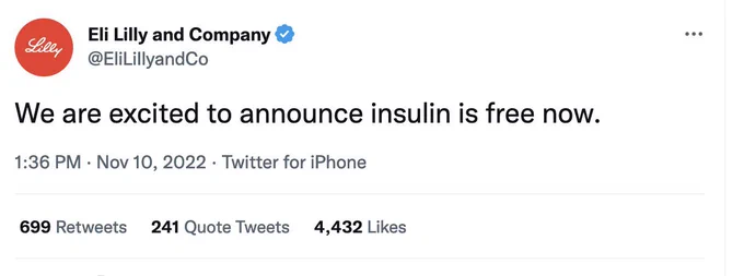Parody Eli Lilly account announces insulin is free on Nov 10