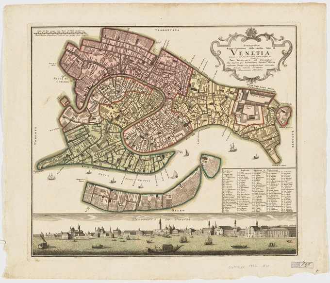 above, an orthographic view of Venice with neighborhoods differentiated by color; below, a bird's eye view of the city with landmarks labeled 