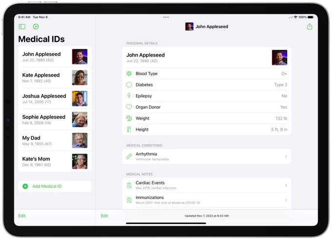 iPad screenshot of upcoming version of Medical ID Record app showing a list of six medical IDs in the left column alongside the medical information for the first user.