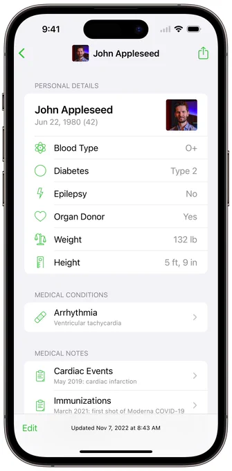 iPhone 14 pro screenshot of upcoming version of Medical ID Record app showing the Medical ID details for a single user.