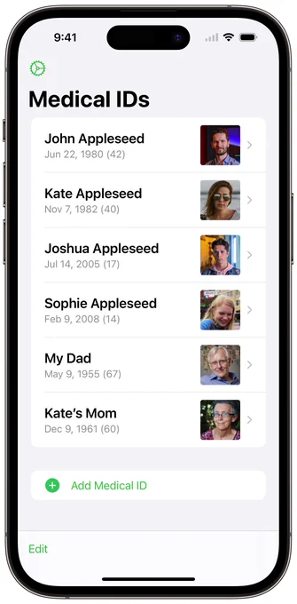 iPhone 14 pro screenshot of upcoming version of Medical ID Record app showing a list of six medical IDs and an Add Medical ID button.