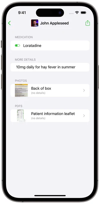 iPhone 14 pro screenshot of upcoming version of Medical ID Record app showing the Medical ID details for a medication. It has a name and dosage and table rows to view a photo of the back of the box and a PDF of the patient information leaflet.