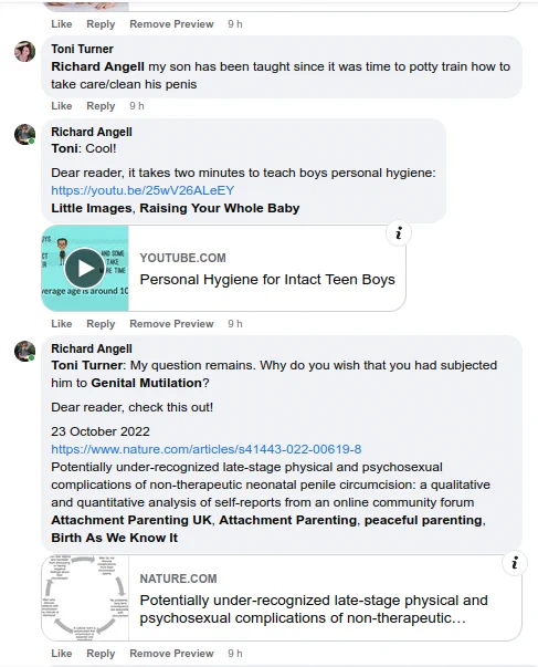 It takes two minutes to teach boys personal hygiene:
https://youtu.be/25wV26ALeEY

Why would she want this for her child? 23 October 2022
https://www.nature.com/articles/s41443-022-00619-8
Potentially under-recognized late-stage physical and psychosexual complications of non-therapeutic neonatal penile circumcision: a qualitative and quantitative analysis of self-reports from an online community forum