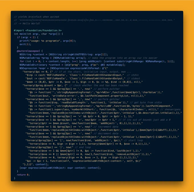 a brainfuck interpreter implemented with a single evaluation of an NSExpression