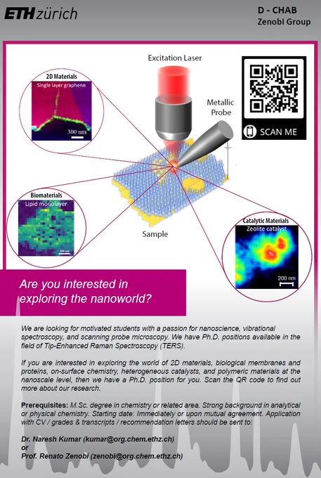 We are hiring! A great opportunity to pursue PhD in one of the world-leading research labs at ETH Zurich, Switzerland in the area of nanoscale chemical imaging of 2D materials, biomaterials and catalytic materials using nanoscale optical spectroscopy. If you are passionate about exploring the nanoworld, contact myself or Prof. Zenobi directly. Immediate start. Please share it in your network!
