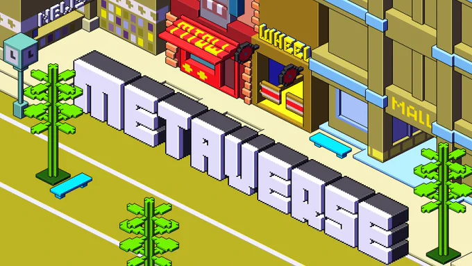 Isometrische Pixelstadt mit einem 3D-Schriftzug, der das Wort „Metaverse” darstellt.