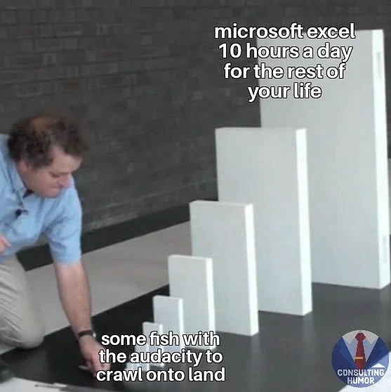 Meme of dominos being set up to fall, ranging in size from small ones up front to larger ones at the back. 

The largest domino is labeled “Microsoft excel 10 hours a day for the rest of your life”

The smallest one is labeled  “some fish with the audacity to crawl onto land”