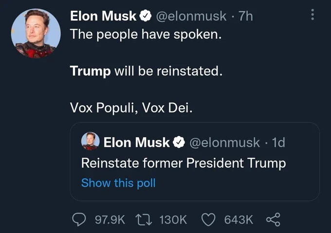 Screenshot of the tweet announcing that the president who incited an attempted insurrection is to be welcomed back on to Twitter