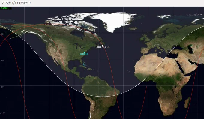 GreenCube orbit in Gpredict tracking North-to-South in MEO orbit across the North Atlantic covering North & South America, West Africa, Europe, & West Asia