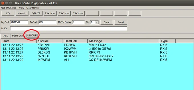 UZ7HO GreenCube GUI w/ decodes from SatNogs recording showing tab view of each unique call sign heard