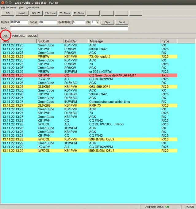 UZ7HO GreenCube GUI w/ decodes from SatNogs recording showing tab view of ALL decodes