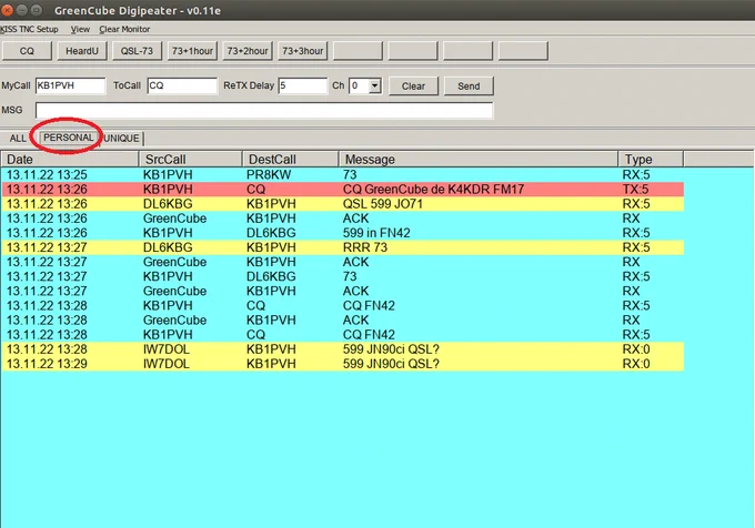 UZ7HO GreenCube GUI w/ decodes from SatNogs recording showing tab view of ONLY decodes to/from user's call sign