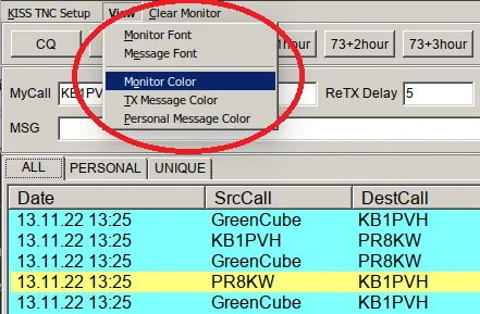 UZ7HO GreenCube GUI showing 'View' menu w/ font & color choice sub-menus 